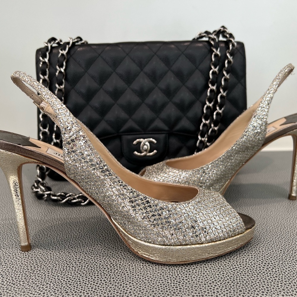 JIMMY CHOO SILVER SEQUIN EVENING PLATFORM SLINGBACK OPEN TOE HEELS SIZE 40 (9)